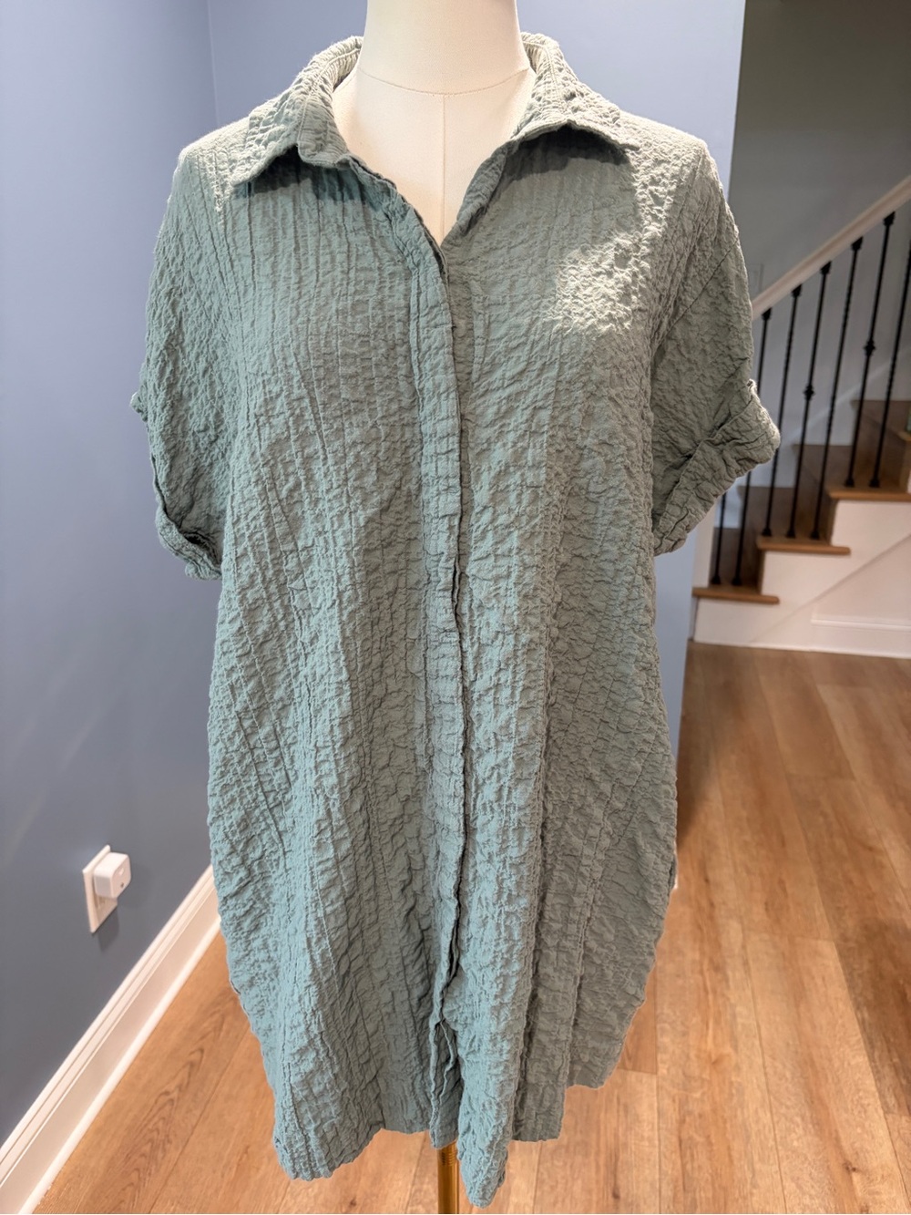 Abercrombie & Fitch Sage Green Textured Cotton Shirt Dress Midi Oversized M